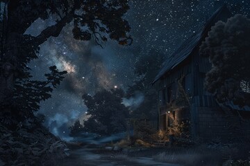 a night scene with a house in the foreground and stars in the sky above