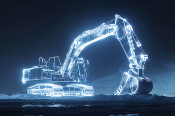 Experience a wireframe-based visualization with a glowing translucent background featuring an excavator in action. - obrazy, fototapety, plakaty