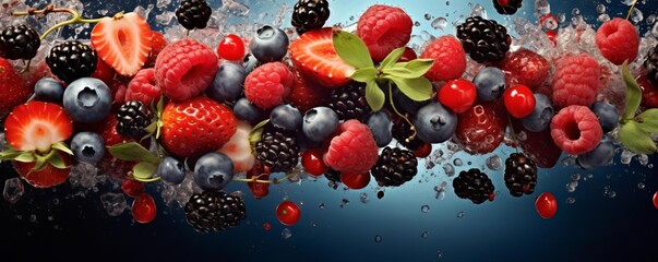 Creative collage of mixed berries on a poster, using abstract placements and rich colors to draw the viewers eye