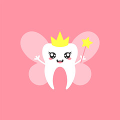 Cartoon tooth fairy in crown with smile and magic wand on pink background. Vector flat illustration.
