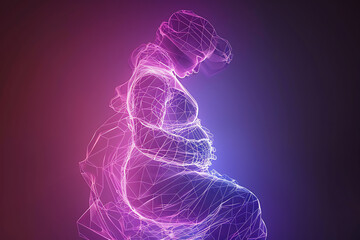 A captivating wireframe visualization against a glowing translucent background, featuring a pregnant woman embodying maternal beauty and grace.