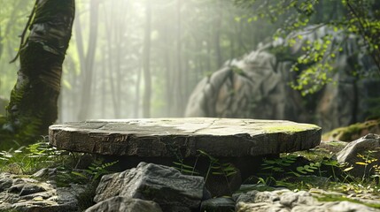 natures podium flat small stone podium on rock platform in forest landscape 3d illustration