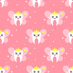 Cartoon tooth fairy in crown with smile and magic wand on pink background. Vector seamless pattern.