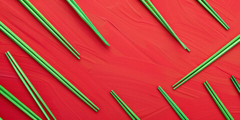 Vibrant red and green chopsticks on a colorful background, perfect for Asian cuisine concepts - obrazy, fototapety, plakaty