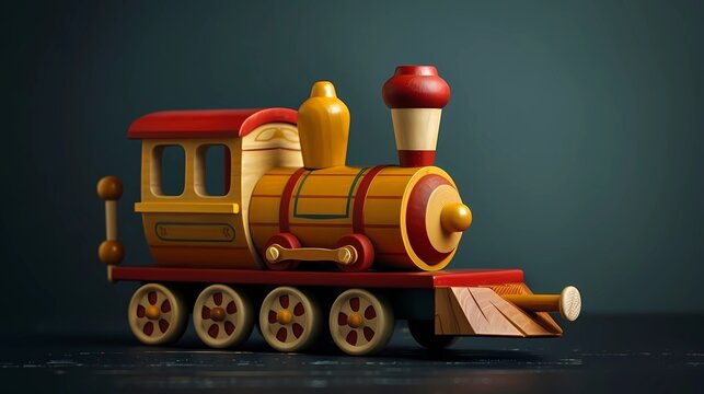 Wooden train toy on a dark background, Generative AI illustrations.