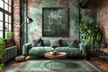 living room interior in emerald tones, large green sofa, brick walls. big windows. there is a big city outside the windows. there is a large painting on the wall. a lot of green plants