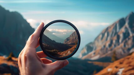 photographers hand holding protective lens filter framing a breathtaking mountain landscape concept illustration