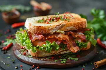 On the table on a wooden plate lies a sandwich of white bread with lettuce and fried bacon. spices and herbs around 