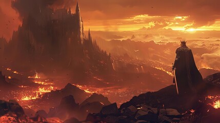 powerful king overlooking fiery smoky empire majestic ruler in apocalyptic fantasy landscape digital illustration