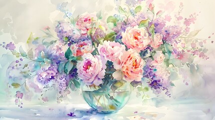 Bountiful Pastel Floral Bouquet in Watercolor Painting with Soft Hazy Lighting and Details