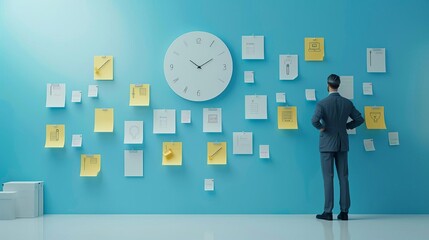 productivity concept businessman managing deadlines on wall with weekly plan notes efficiency 3d illustration