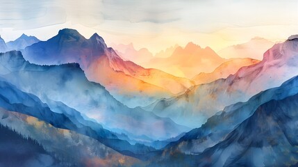 Breathtaking Panoramic Watercolor Landscape of a Tranquil Mountain Valley at Dawn - obrazy, fototapety, plakaty