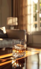 Fototapeta na wymiar A glass of whiskey rests on a polished wooden surface in an elegant, sunlit room