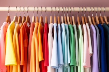 Colorful t-shirts hanging orderly on a rack in a gradient arrangement.
