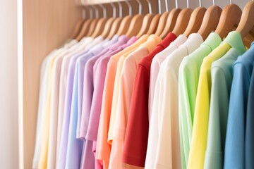 A range of colorful T-shirts hanging orderly on wooden hangers.
