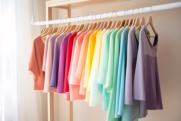 Colorful clothing items hung on a rack in a bright closet.