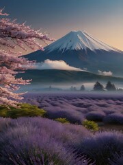 A mountain range with a large peak and a field of lavender