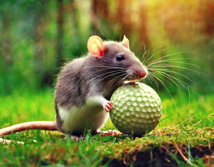 A Photo of a Rat Playing with a Ball in Nature