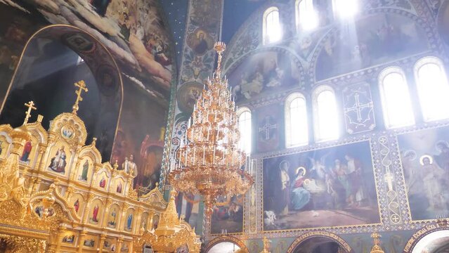 Shining light rays in orthodox christian church interior