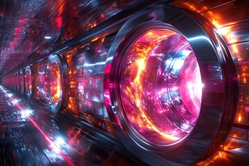 A glowing pink and orange portal in a futuristic sci-fi setting.