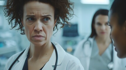 Empathetic Female Doctor Providing Reassurance to Worried Patient in Crowded Emergency Room Muted Color Palette Highlighting Medical Atmosphere
