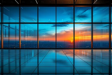 A large empty room with floor-to-ceiling windows looking out over a city at sunset.