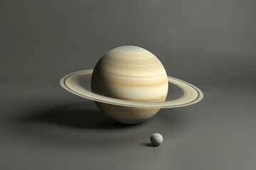 Saturn-like planet with it satellite on the dark sky. Beautiful simple AI generated image in 4K, unique.