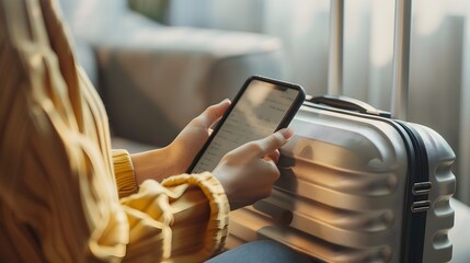 Fingers Scrolling Through a Digital Travel Planner on a Mobile Device with a Suitcase Partially Visible Clean and Modern Composition with Bright and