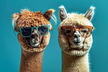 Fototapeta premium Two funny alpaca wearing sunglasses on blue background. Close up.