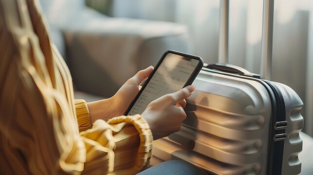Fingers Scrolling Through a Digital Travel Planner on a Mobile Device with a Suitcase Partially Visible Clean and Modern Composition with Bright and - Powered by Adobe