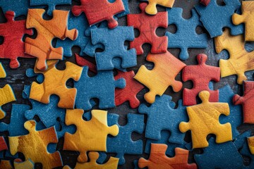 Colorful jigsaw puzzle pieces coming together to form kid head on light blue and yellow background. World autism awareness day, neurodiversity, mental health care, education, child development concept