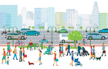 Großstadt Stadtsilhouette mit Straßenverkehr und Fußgänger, Illustration