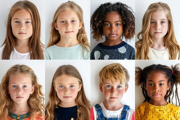 composite portrait of little girls of different cultures headshots on white background, including all ethnic, racial, and geographic types of male children in the world