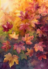 Naklejka na ściany i meble Vibrant Watercolor Painting of Cascading Autumn Leaves in Warm Hues