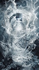 A bottle of liquid splashes in the fluid water, creating a pattern of wind waves. The transparent material forms circles in the electric blue freezing water - obrazy, fototapety, plakaty