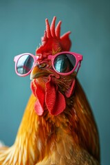 chickens in sunglasses on a studio background