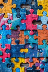 Colorful jigsaw puzzle pieces coming together to form kid head on light blue and yellow background. World autism awareness day, neurodiversity, mental health care, education, child development concept