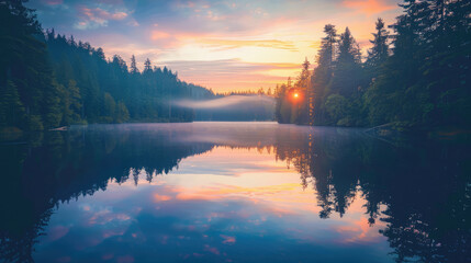 A calm lake that reflects the enchanting colors of the sunrise, surrounded by dense forests in...
