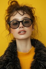 cheerful chick in black sunglasses on a yellow background