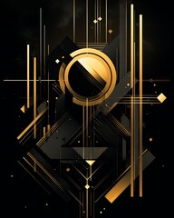Abstract symmetrical exploration of gold and black tones, geometric design and neon esoteric touches for a captivating visual