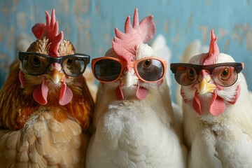 chickens in sunglasses on a studio background