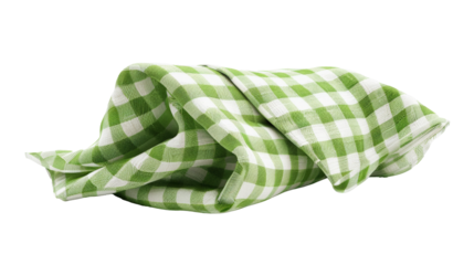 A green and white checkered kitchen towel folded loosely on a plain white background.