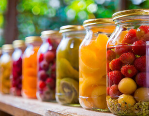 A row of glass jars filled with an assortment of canned fruits