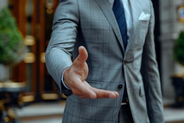 Businessman in elegant gray suit stretching hand. Male handshake for greeting, confirming an agreement, making deal, signing contract