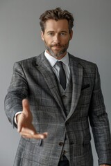 Businessman in elegant gray suit stretching hand. Male handshake for greeting, confirming an agreement, making deal, signing contract