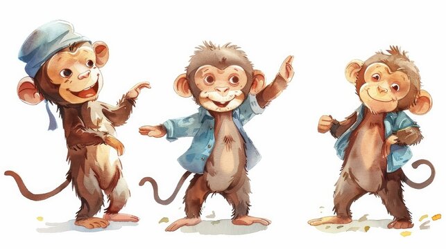 Playful Monkey Characters Charmingly Expressing Their Unique Personalities in a Lively Illustrated Clipart Scene