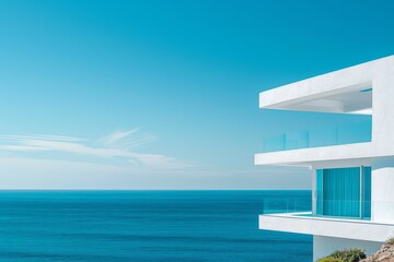 Fototapeta na wymiar Architectural detail of white modern Mediterranean house over turquoise sea and blue sky background. Minimal architecture building detail in coastline by ocean or sea