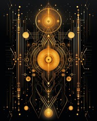 Esoteric abstract in gold and black, symmetrical shapes contrasted by captivating neon geometric details