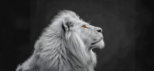Majestic white lion looking up with intrigue