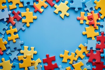 Blue, yellow, red pieces of puzzle frame on light blue puzzle background with copy space for text. World autism awareness day concept. Top view